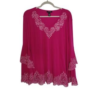 Alfani Women's Sz XL Bright Pink Boho Tiered Flare Sleeve Embroidered Mesh Top